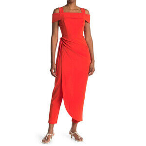 Marina Women's Cold Shoulder Waist Tie Overlay Jumpsuit In Orange Size 4 $230